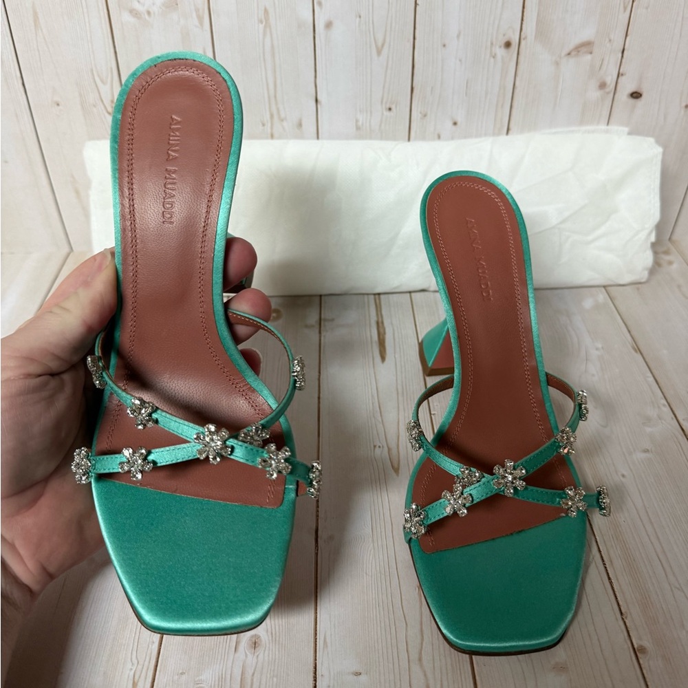 Amina Muaddi Lily Crystal Embellished Slide Sandal Turquoise Sz 36.5 / 6.5 - Picture 8 of 14